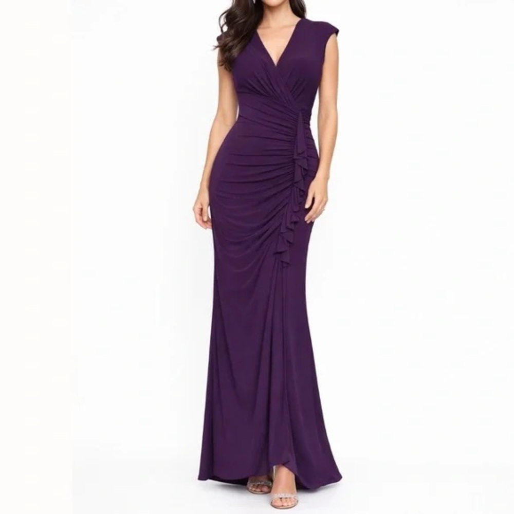 Xscape Ruched Cascading Ruffle V-Neck Side Slit Elegant Purple Evening Maxi Gown